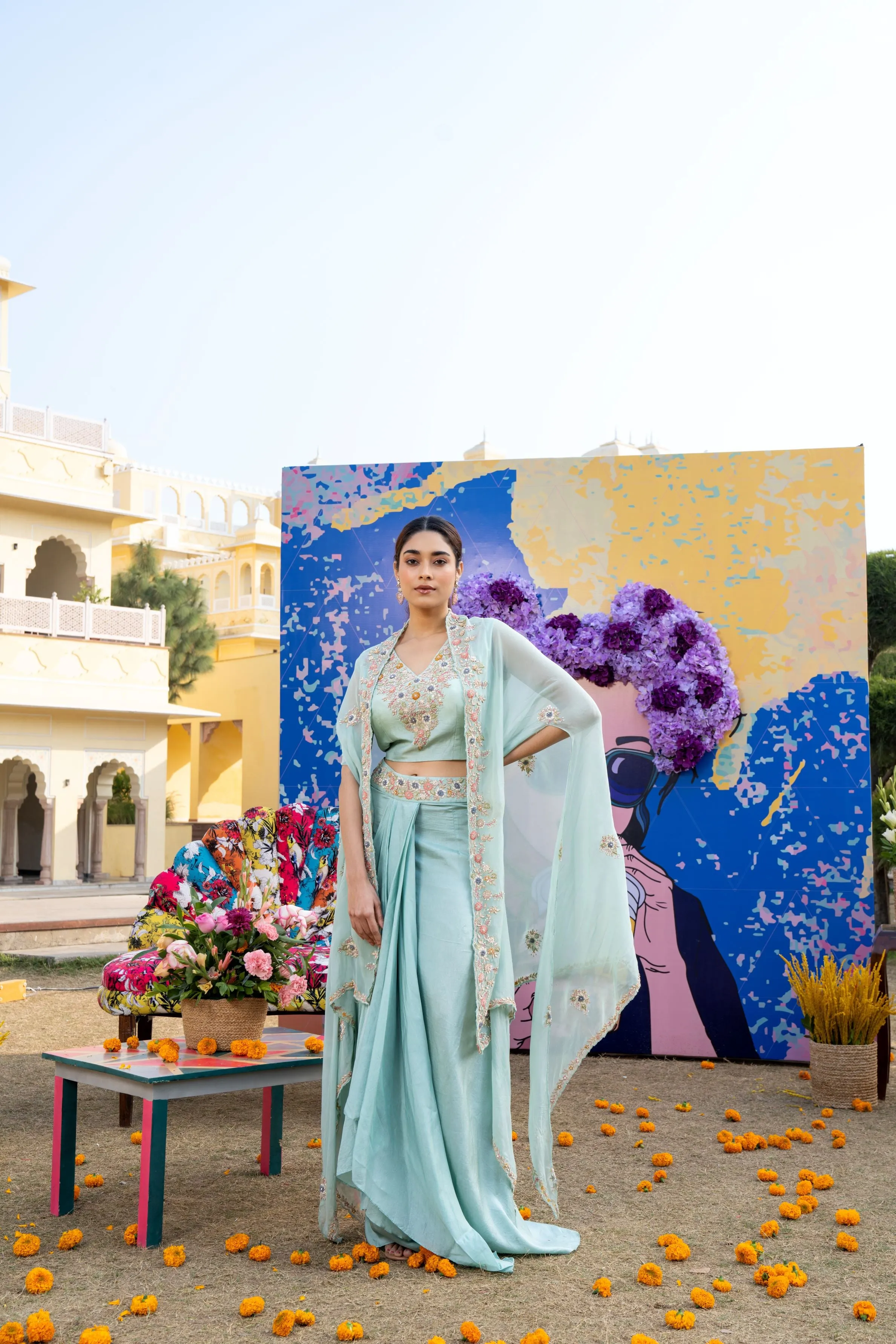 Aqua Pearl Embroidered Satin Silk Cape Set