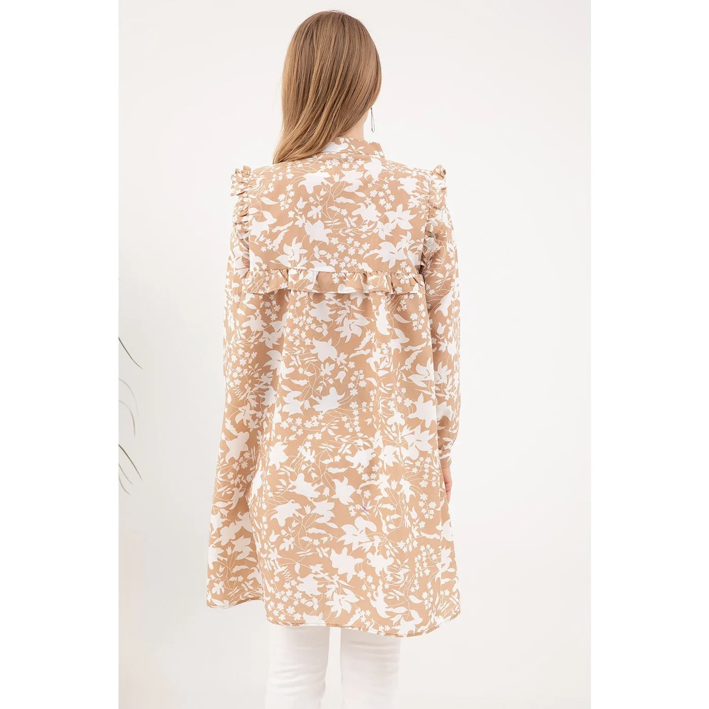 Beige Floral Patterned Tunic