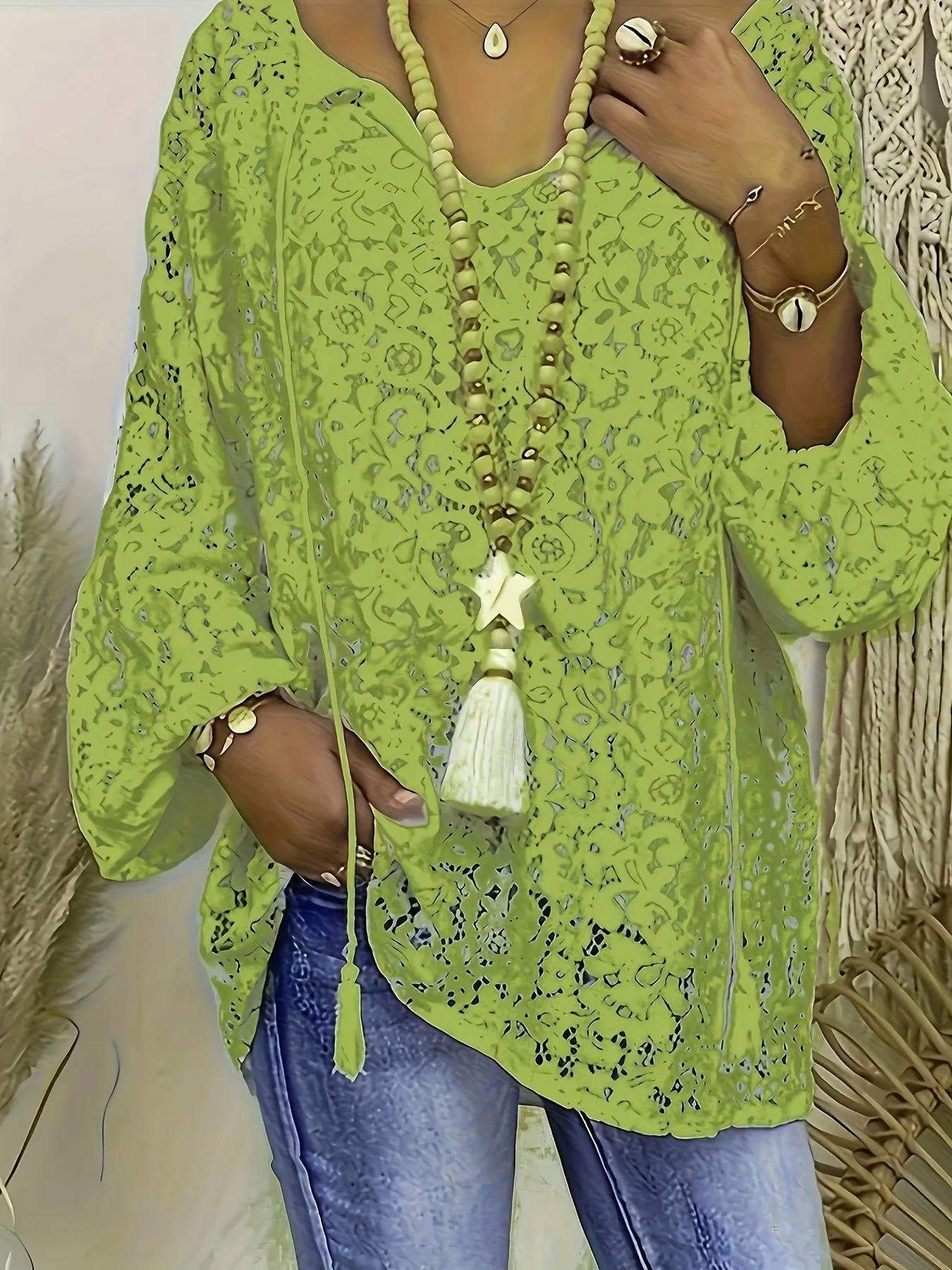 Bohochic Plus Size Tunic with Lace Sleeves  Tassel Trim