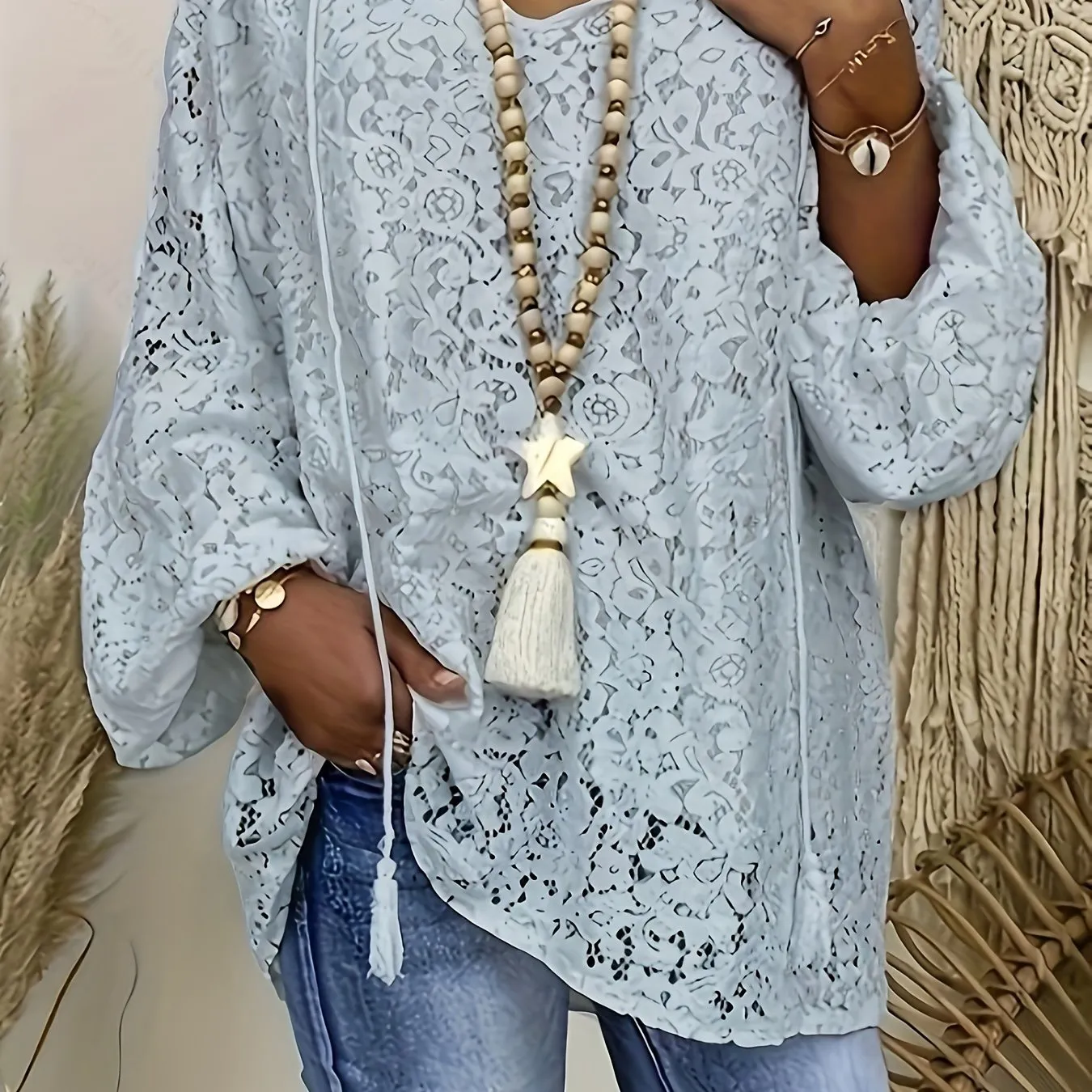 Bohochic Plus Size Tunic with Lace Sleeves  Tassel Trim