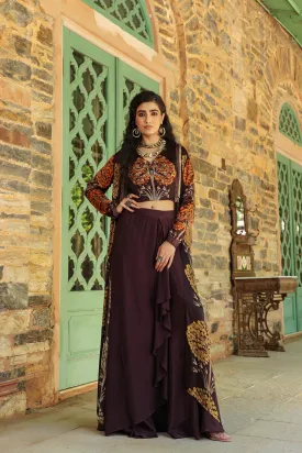 Copper Brown Printed Modal Satin Silk Cape Set