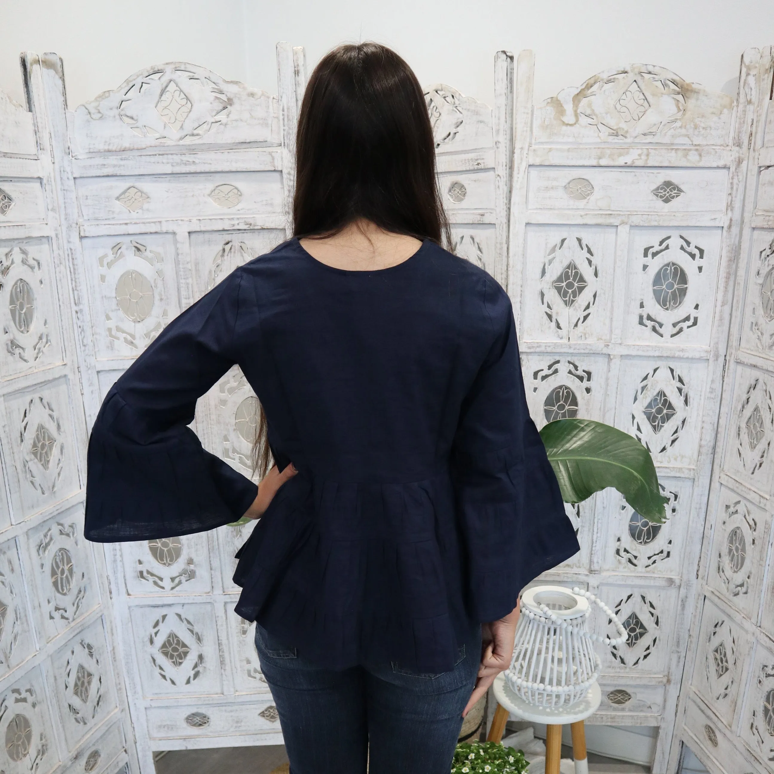 Fair Trade Linen Bell Sleeve Tiered Top - Navy