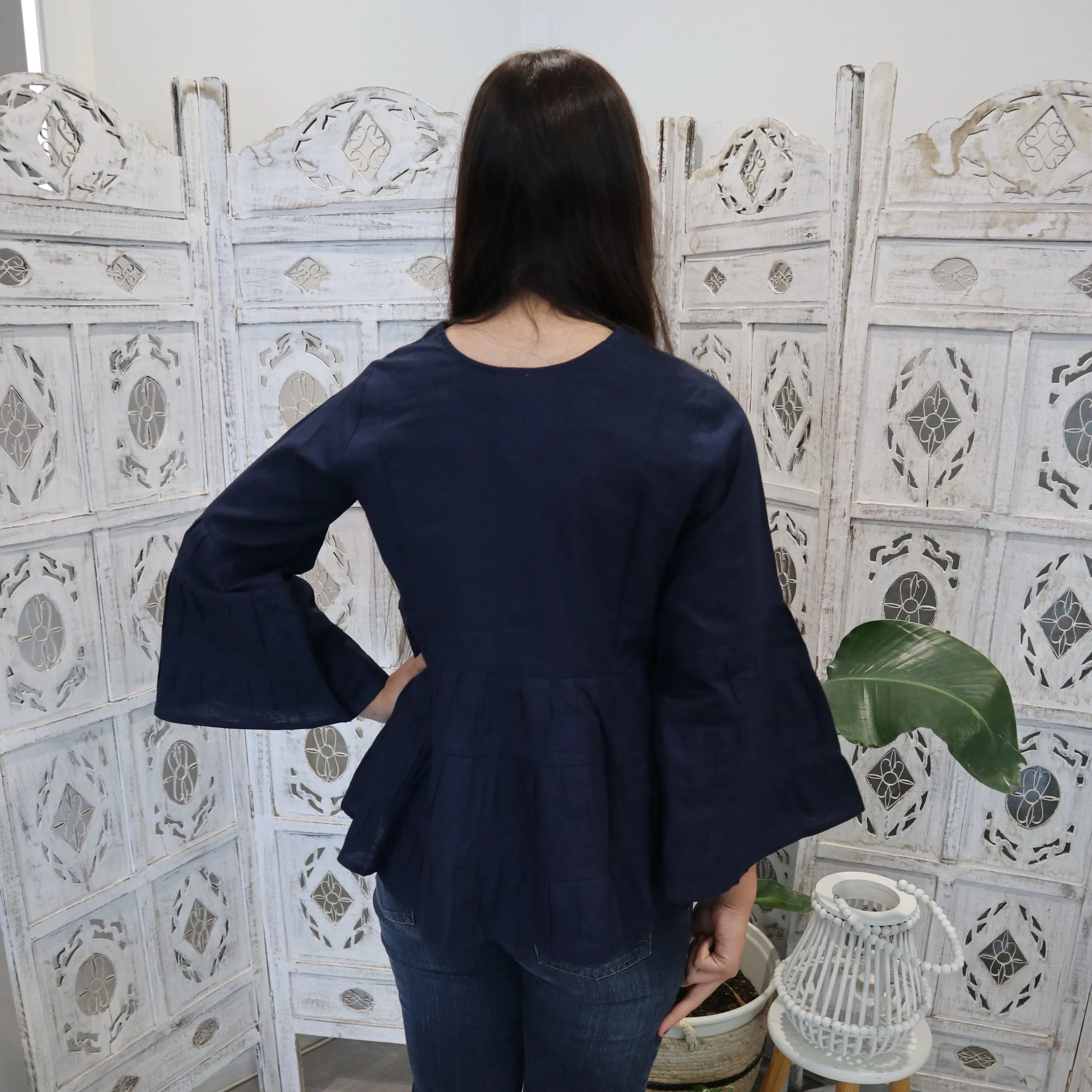 Fair Trade Linen Bell Sleeve Tiered Top - Navy