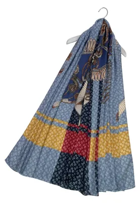 Folk Style Horse Print Scarf - Blue