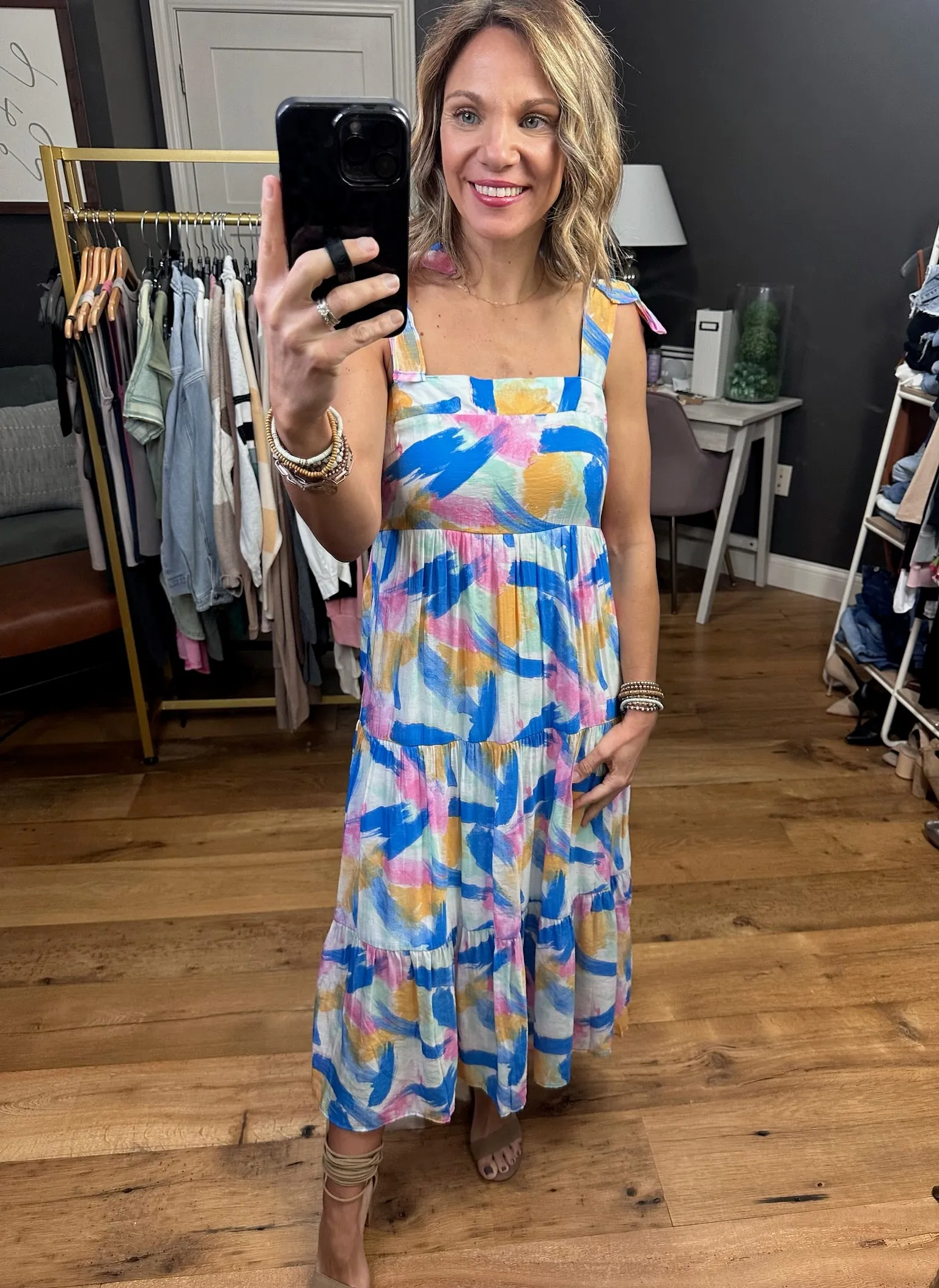 Free Feeling Patterned Watercolor Dress - Blue Multi