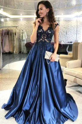 Lace V-neckline Navy Blue Evening Dress with Satin Skirt