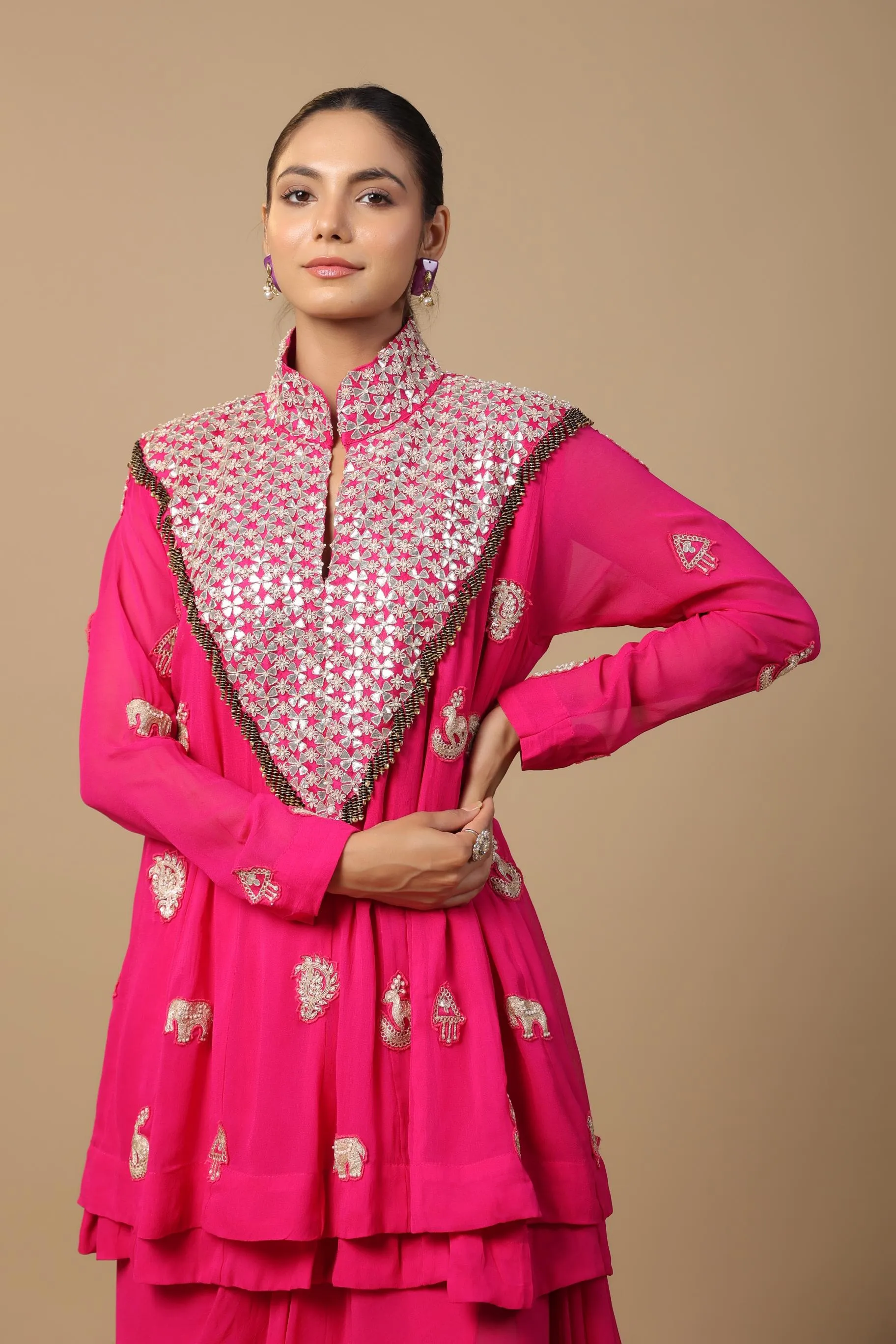 Rani Pink Embellished Premium Georgette Silk Skirt Set