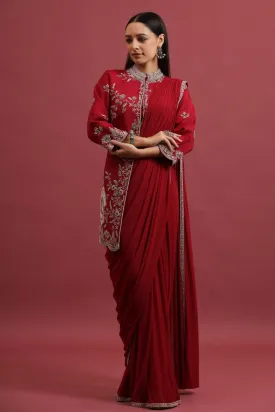 Ruby Pink Embroidered Asymmetrical Jacket with Draped Saree Skirt