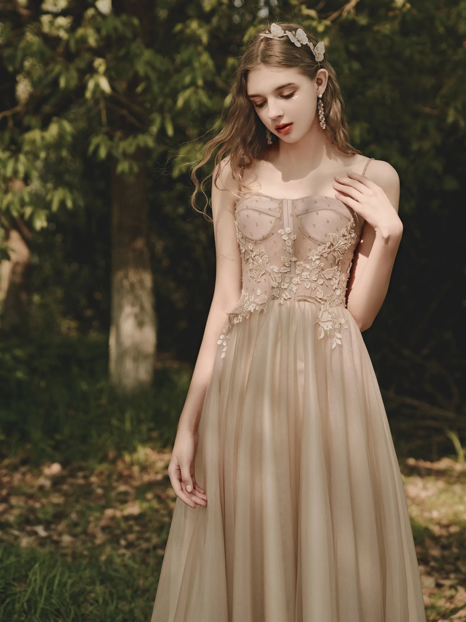 Rustic Champagne Flowy Prom Dress Long Wedding Dress