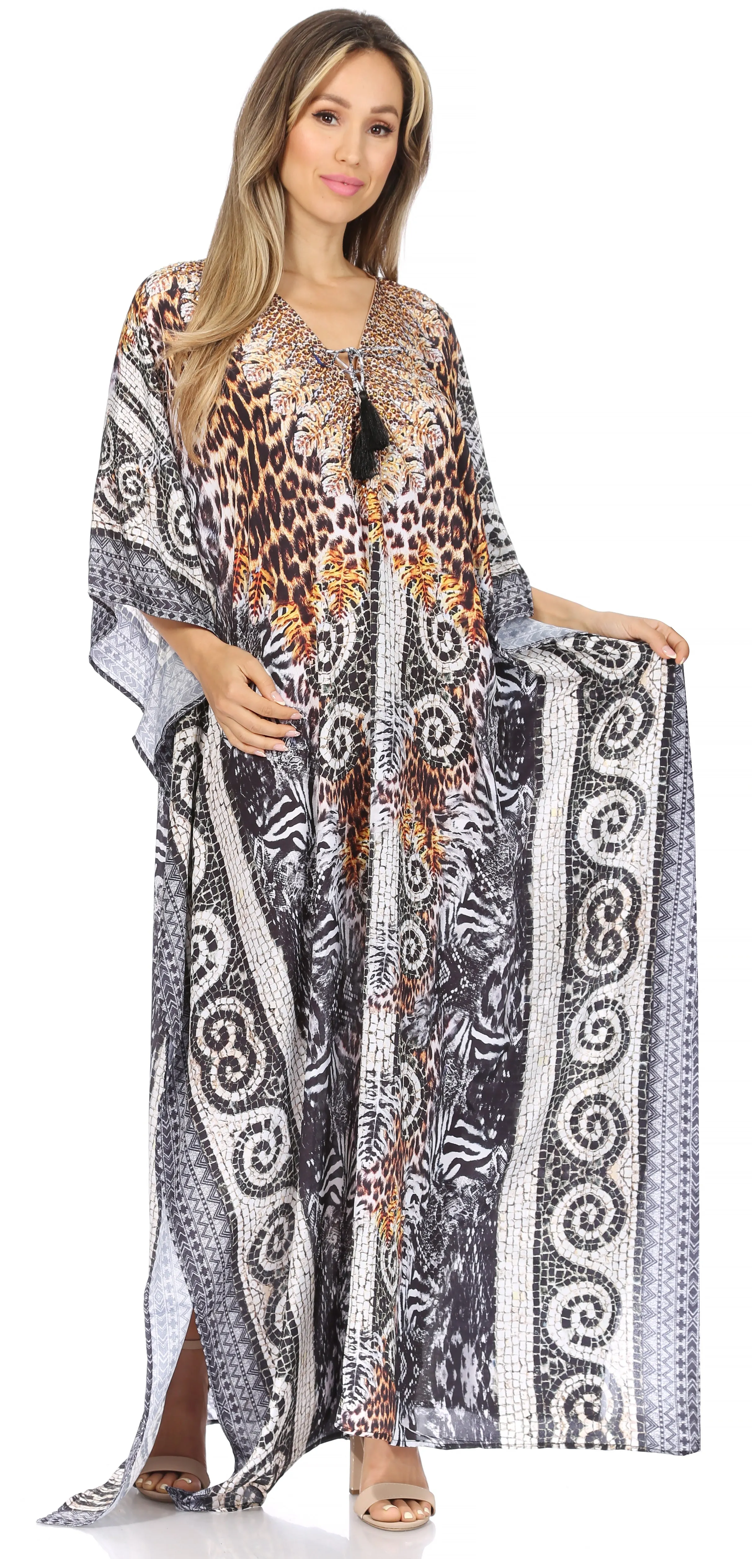 Sakkas Georgettina Flowy Rhinestone V Neck Long Caftan Dress/Cover Up