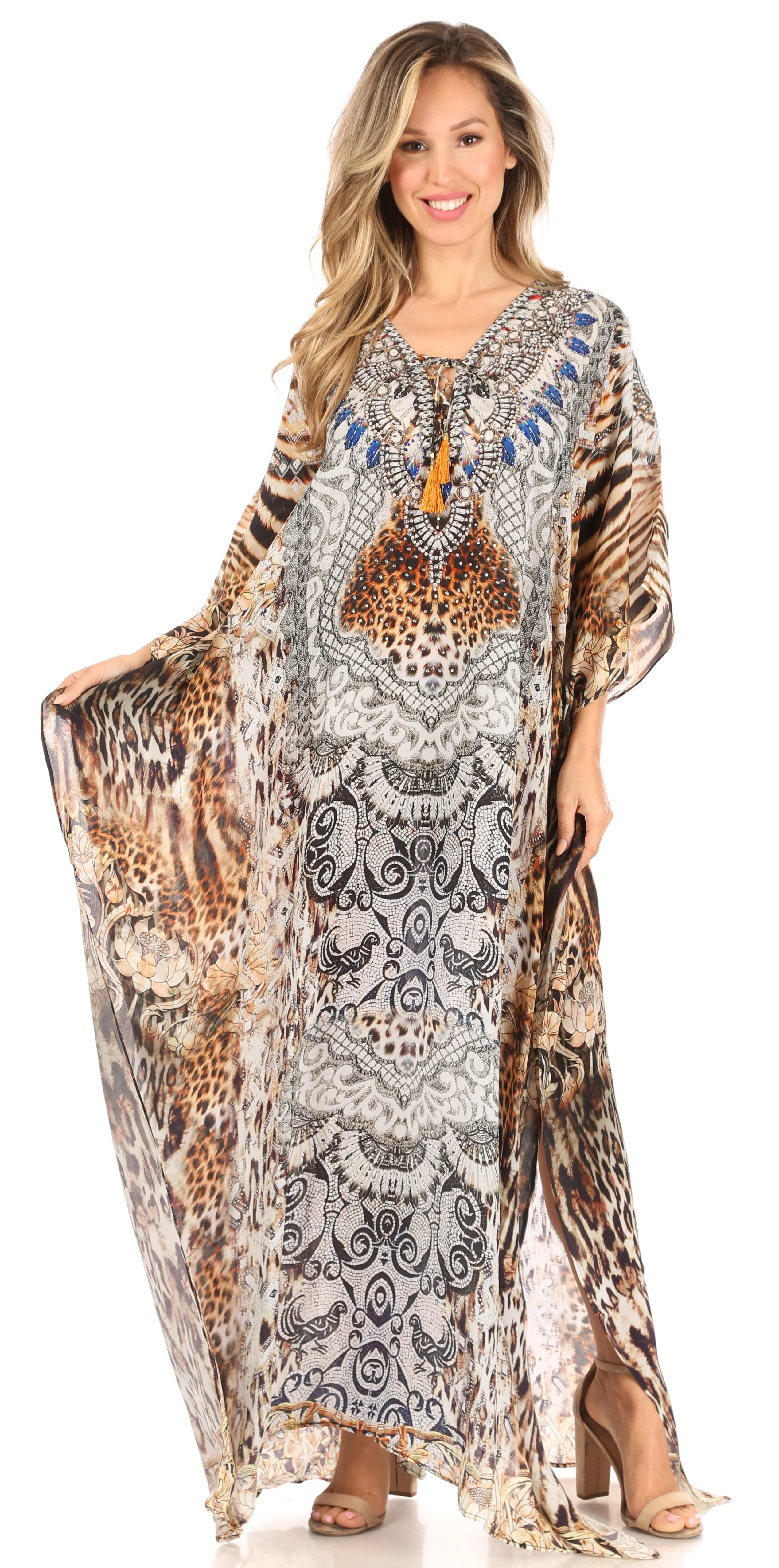 Sakkas Georgettina Flowy Rhinestone V Neck Long Caftan Dress/Cover Up