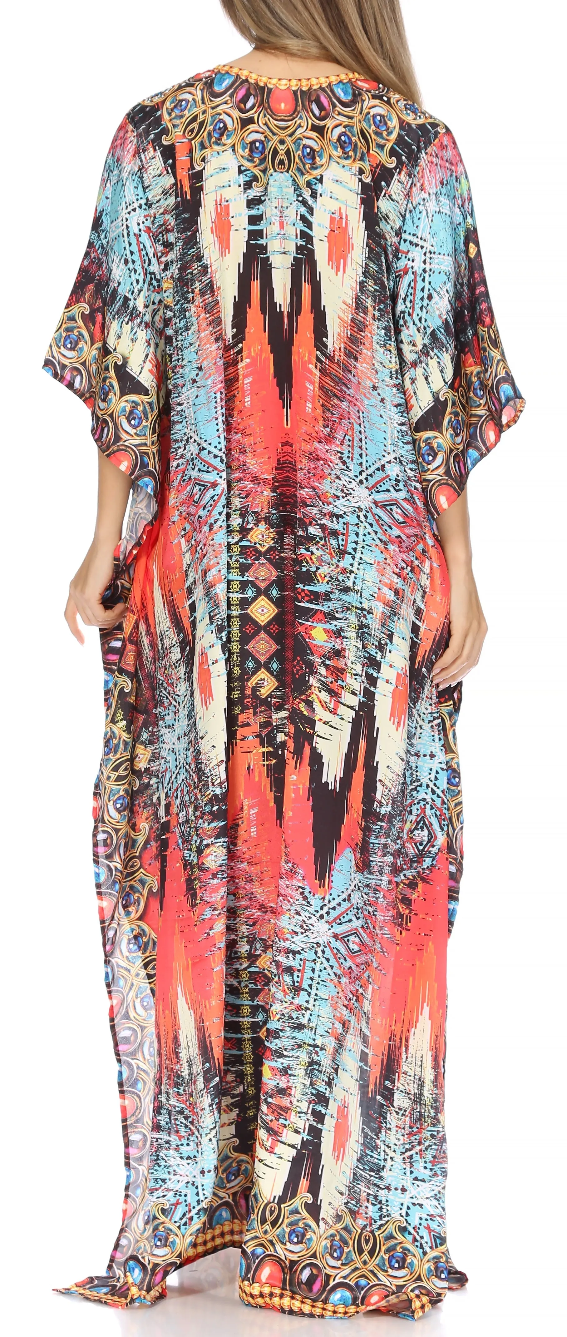 Sakkas Georgettina Flowy Rhinestone V Neck Long Caftan Dress/Cover Up