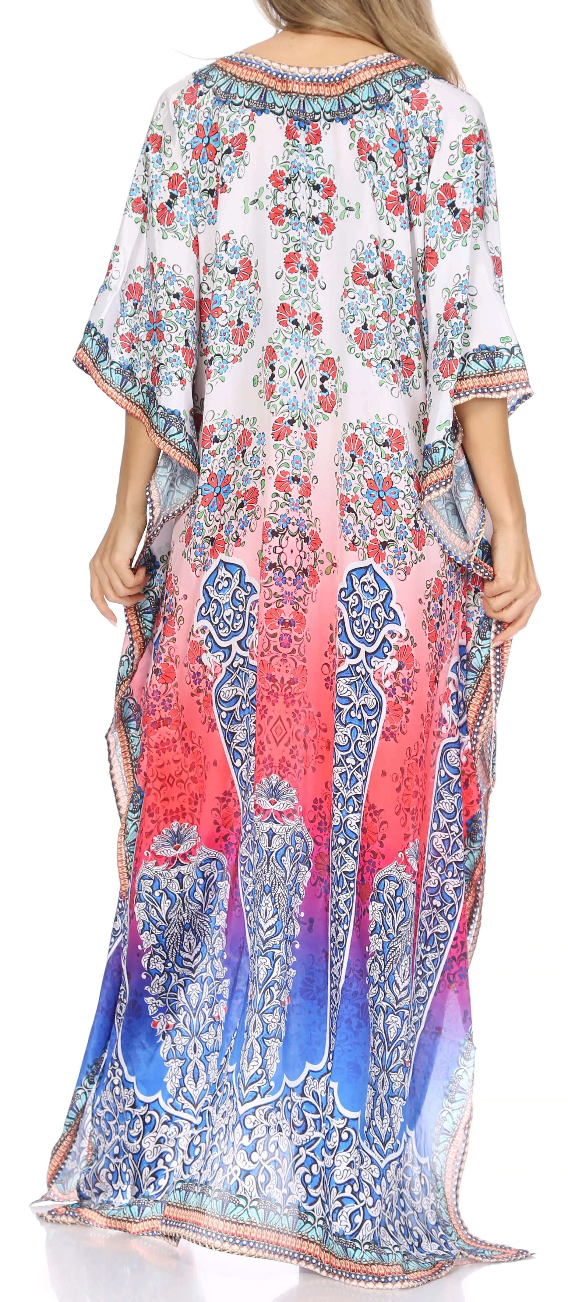 Sakkas Georgettina Flowy Rhinestone V Neck Long Caftan Dress/Cover Up