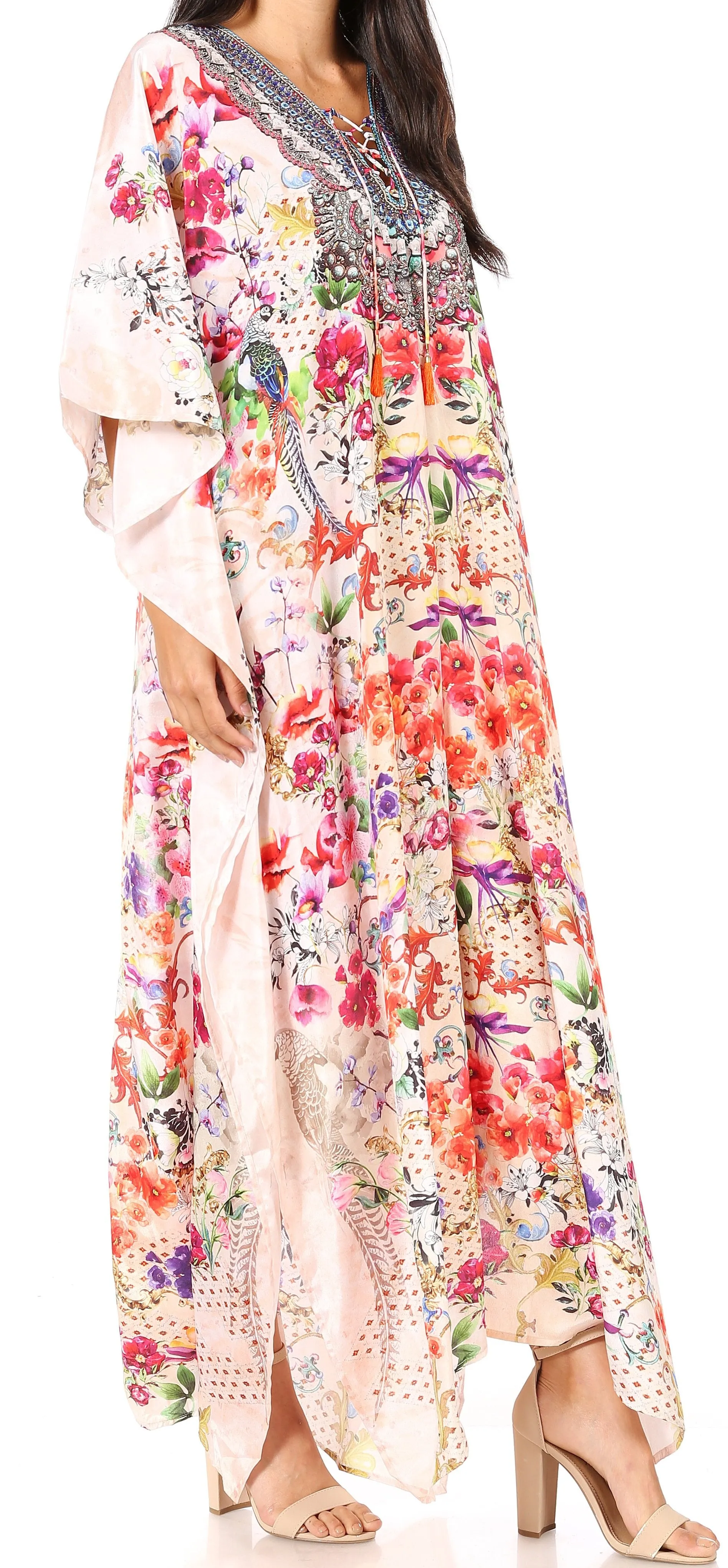 Sakkas Georgettina Flowy Rhinestone V Neck Long Caftan Dress/Cover Up