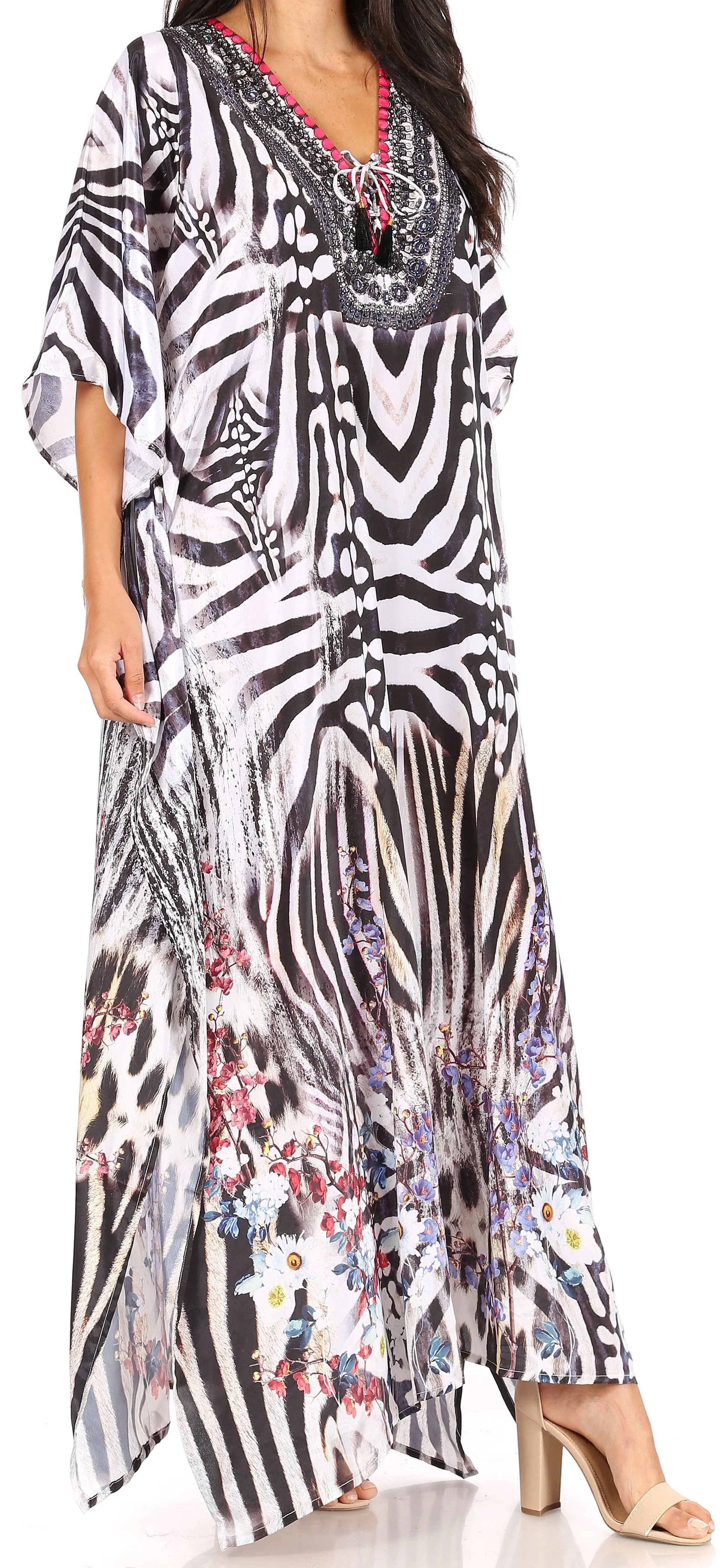 Sakkas Georgettina Flowy Rhinestone V Neck Long Caftan Dress/Cover Up