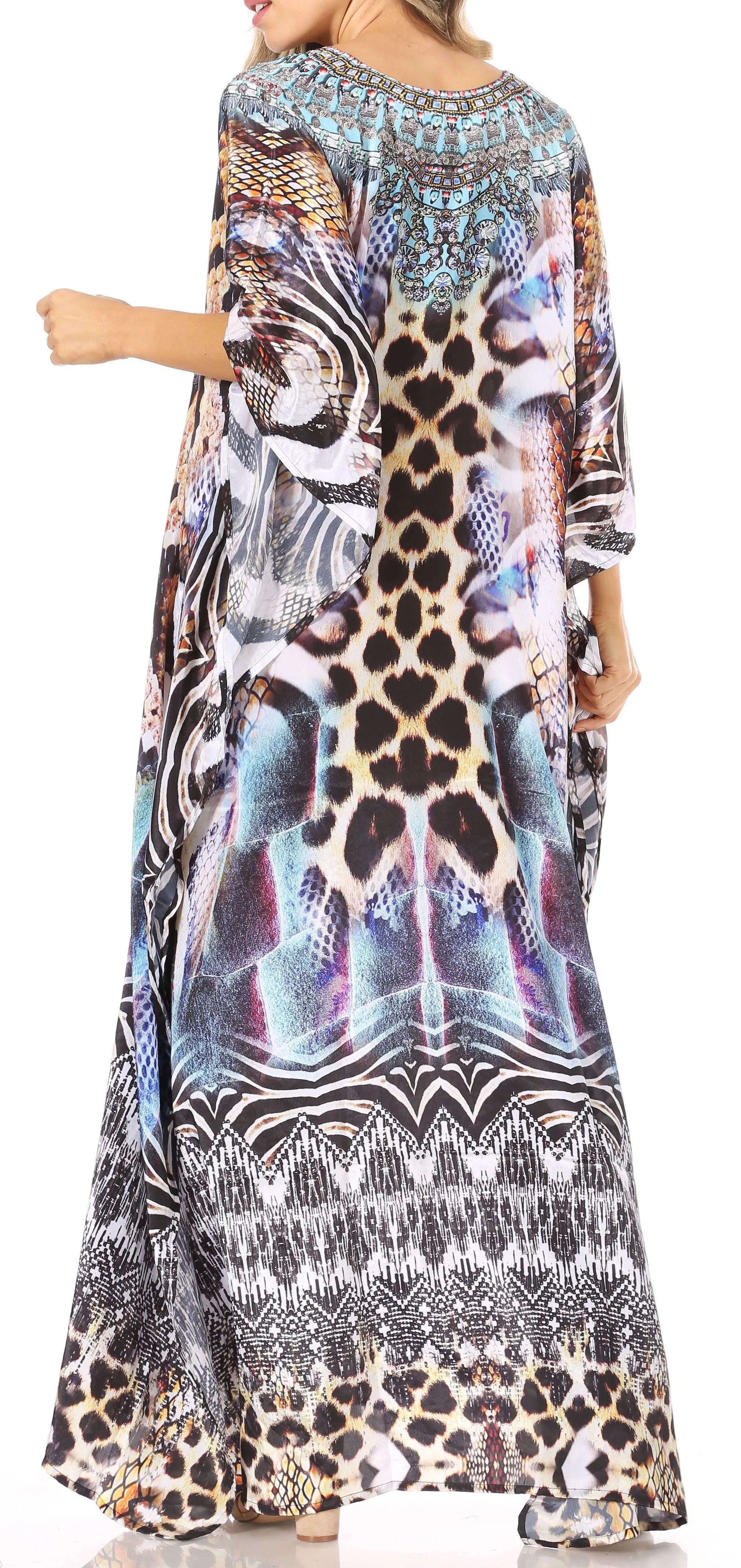 Sakkas Georgettina Flowy Rhinestone V Neck Long Caftan Dress/Cover Up