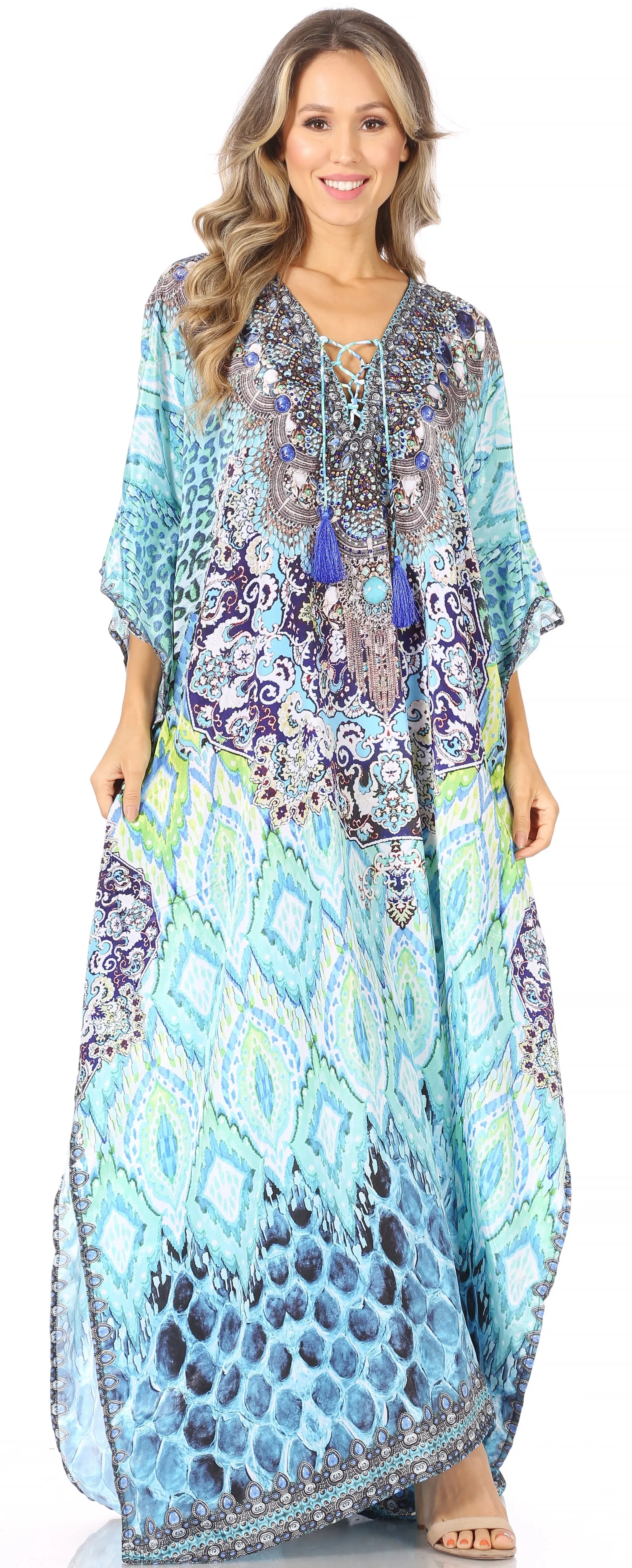 Sakkas Georgettina Flowy Rhinestone V Neck Long Caftan Dress/Cover Up