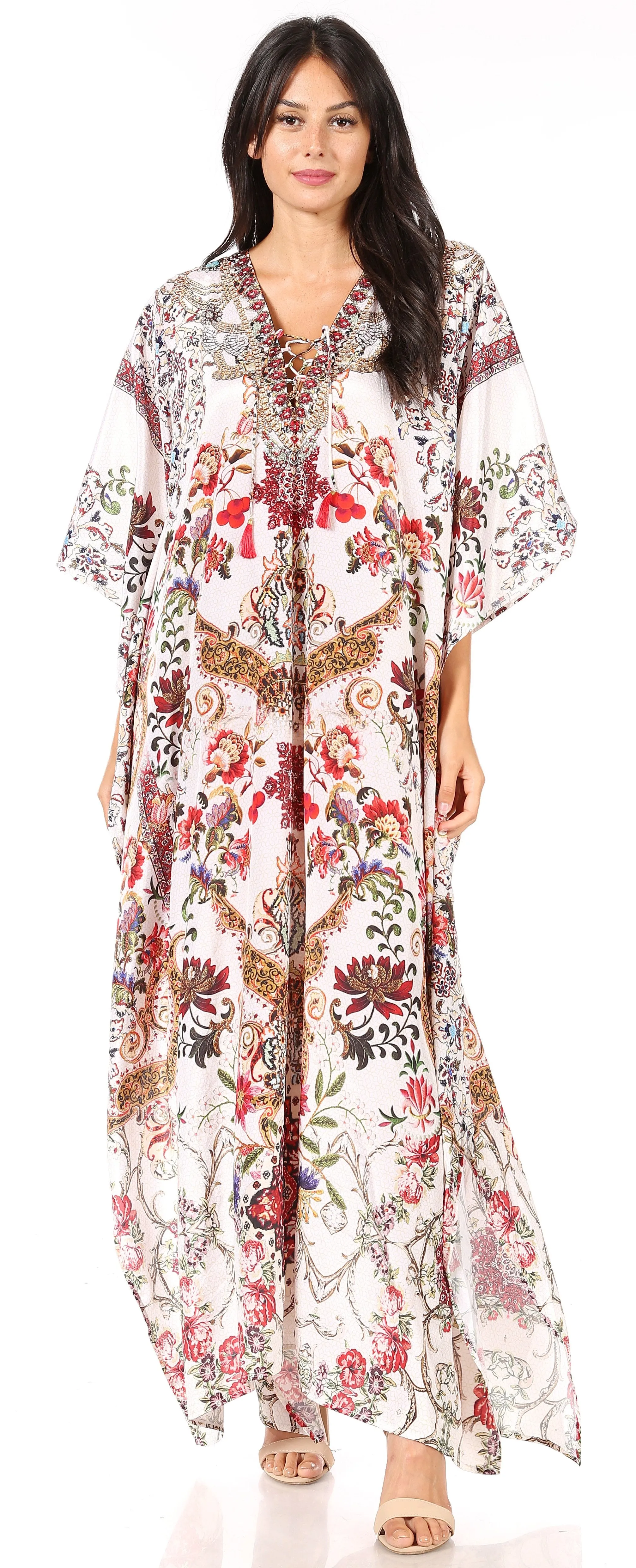 Sakkas Yeni Women's Short Sleeve V-neck Summer Floral Long Caftan Dress Cover-up