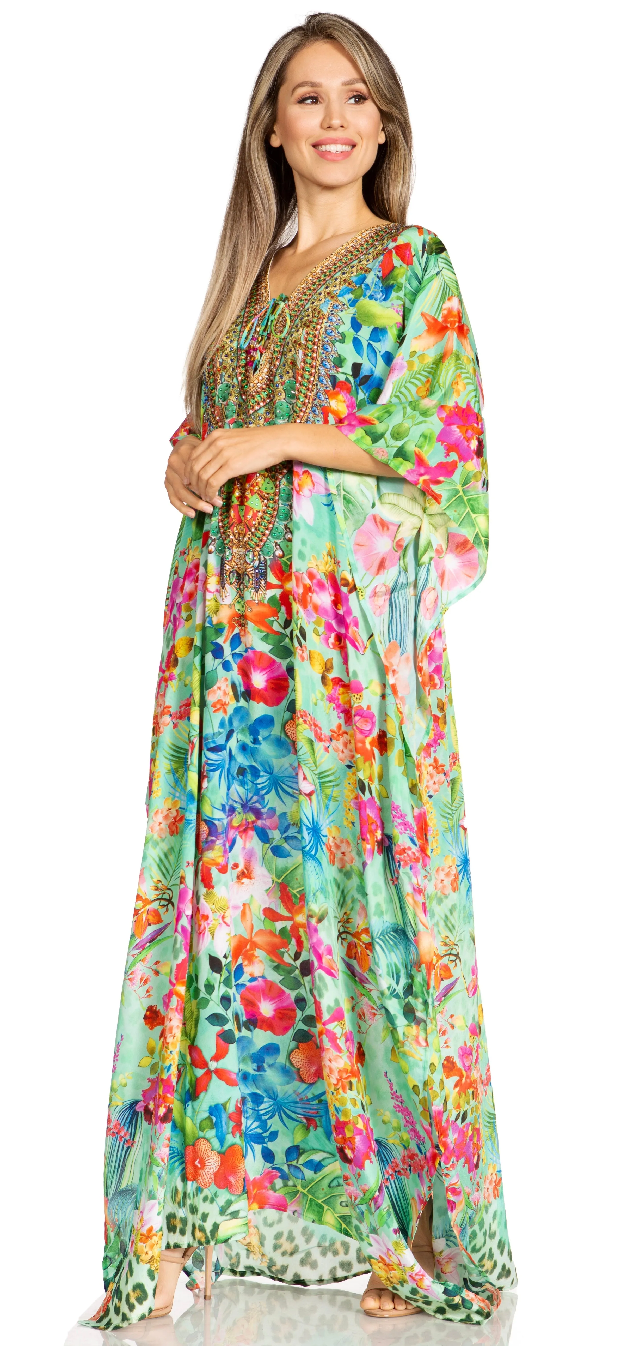 Sakkas Yeni Women's Short Sleeve V-neck Summer Floral Long Caftan Dress Cover-up