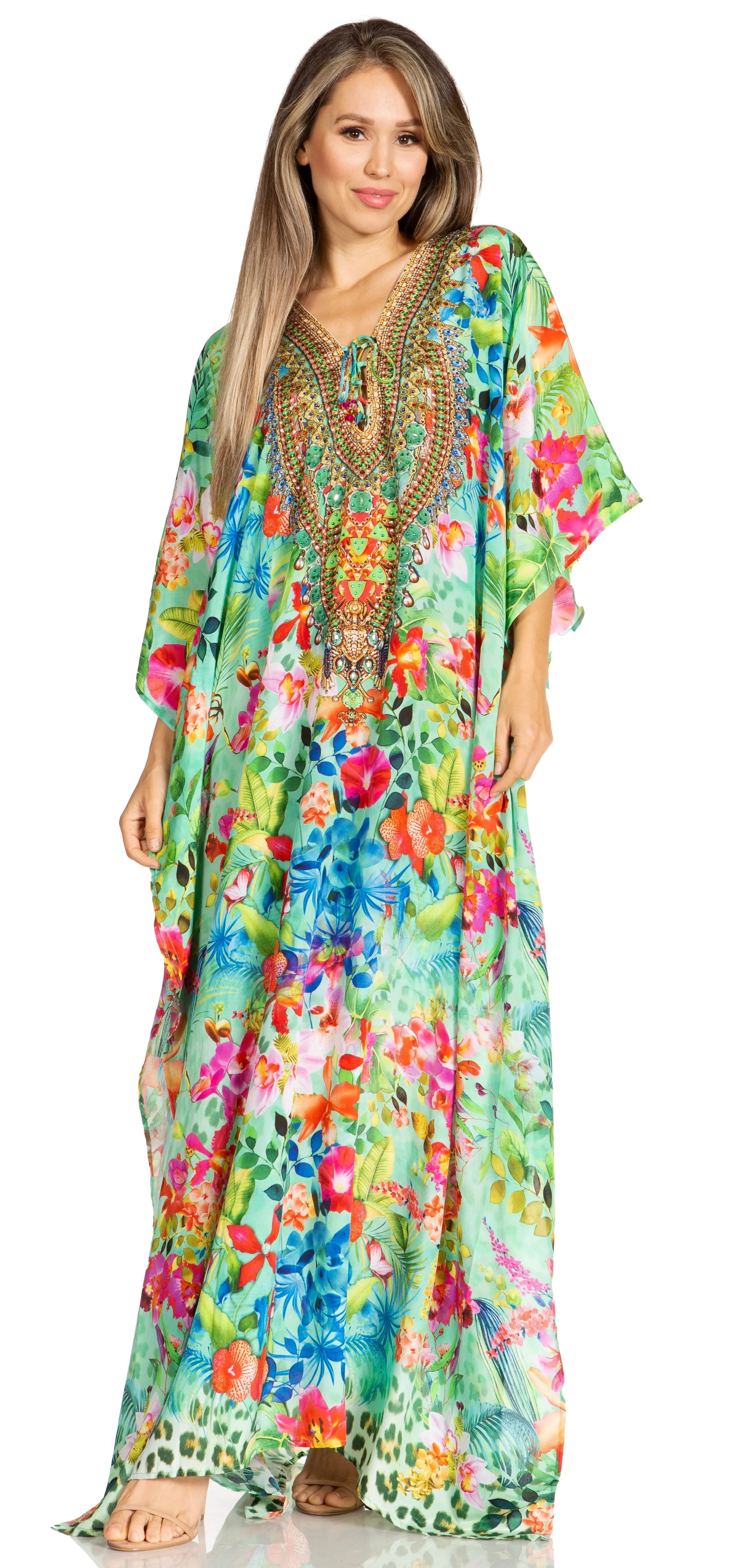 Sakkas Yeni Women's Short Sleeve V-neck Summer Floral Long Caftan Dress Cover-up