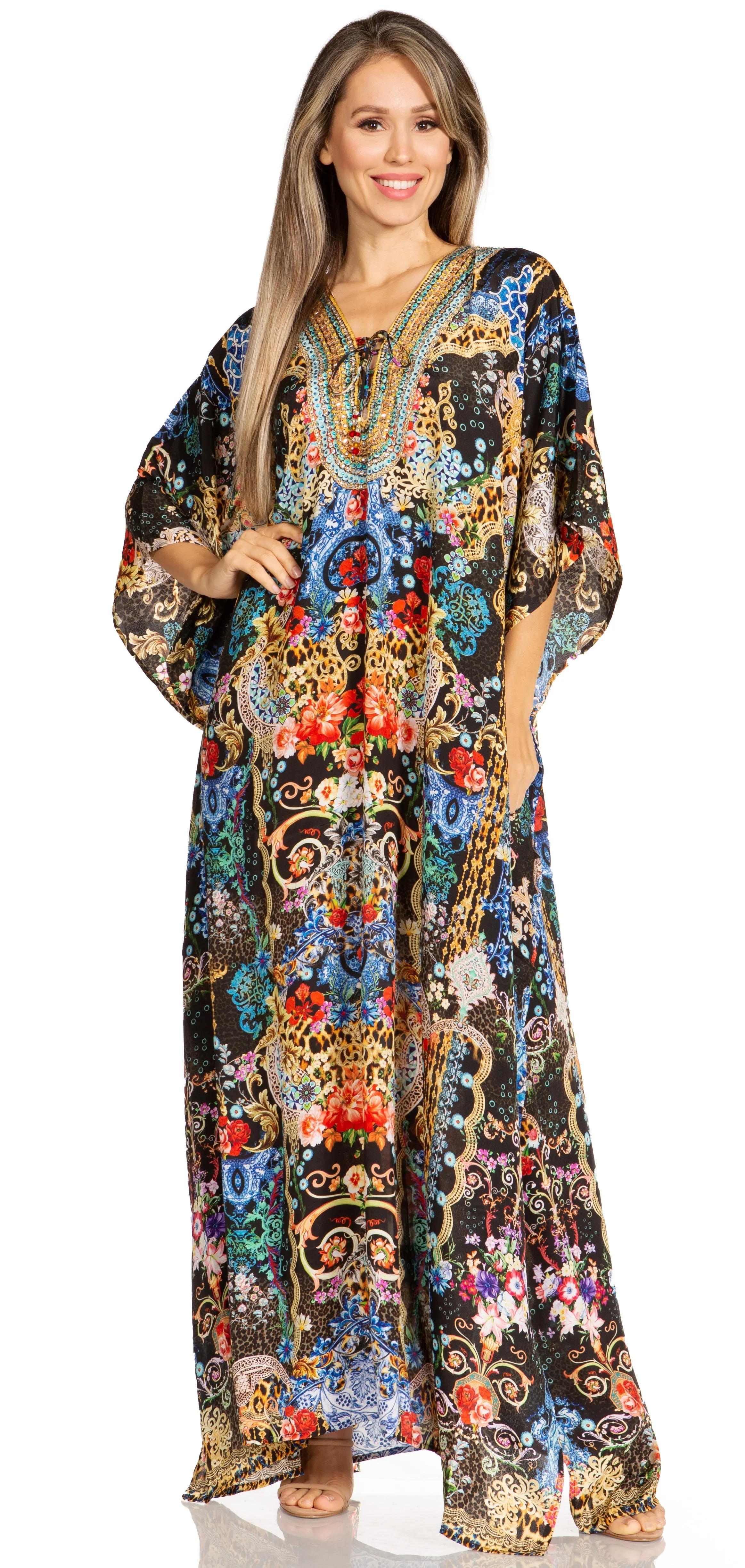 Sakkas Yeni Women's Short Sleeve V-neck Summer Floral Long Caftan Dress Cover-up