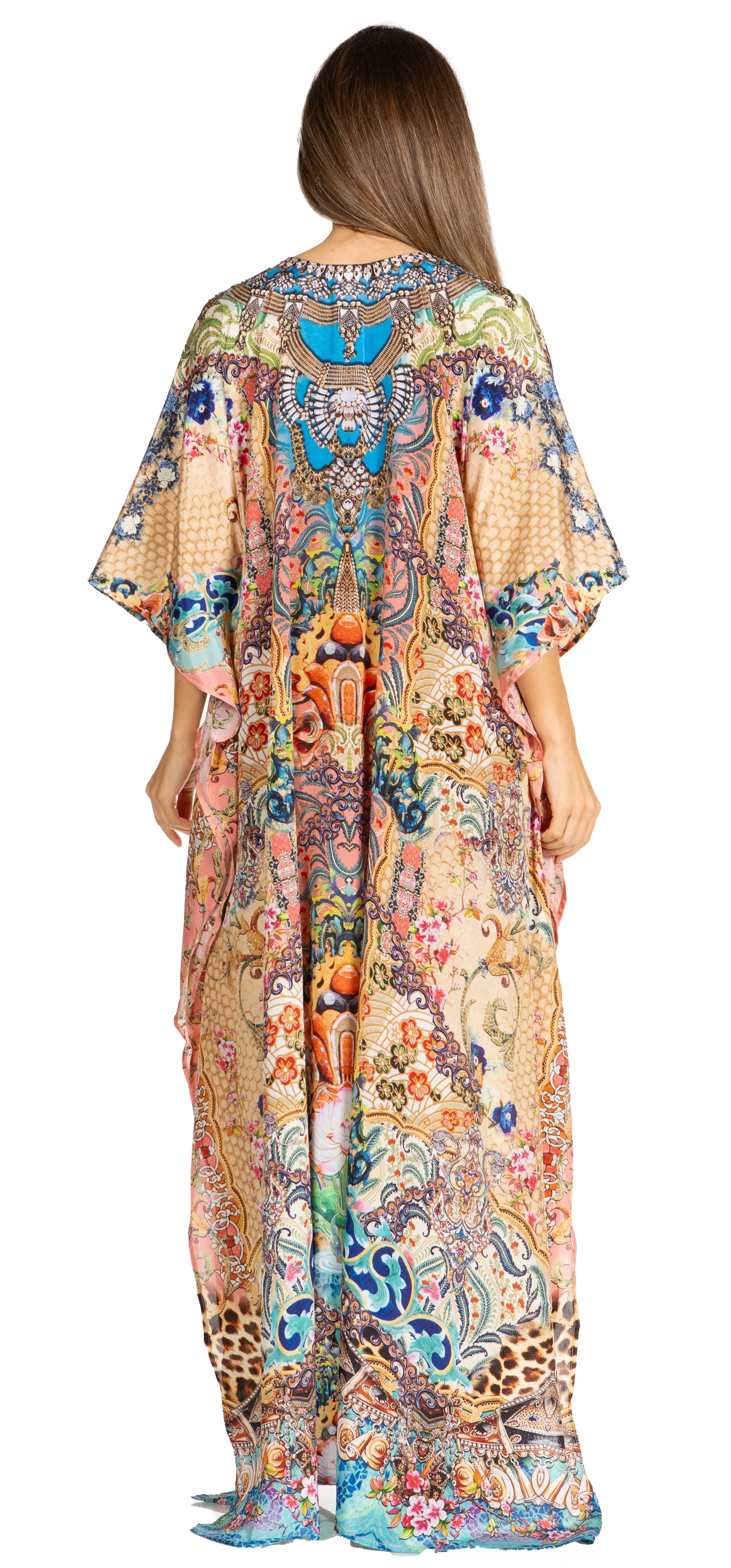 Sakkas Yeni Women's Short Sleeve V-neck Summer Floral Long Caftan Dress Cover-up