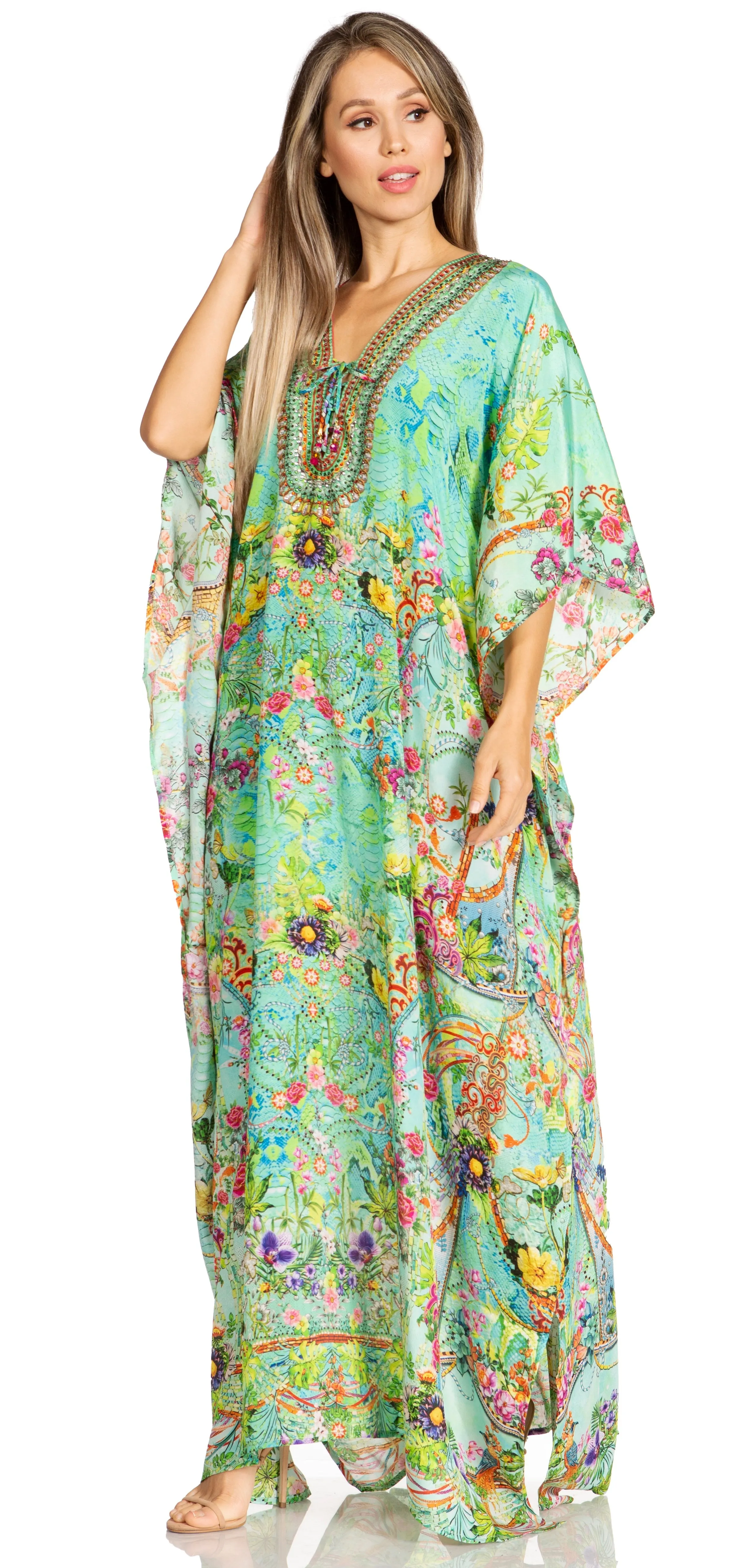 Sakkas Yeni Women's Short Sleeve V-neck Summer Floral Long Caftan Dress Cover-up