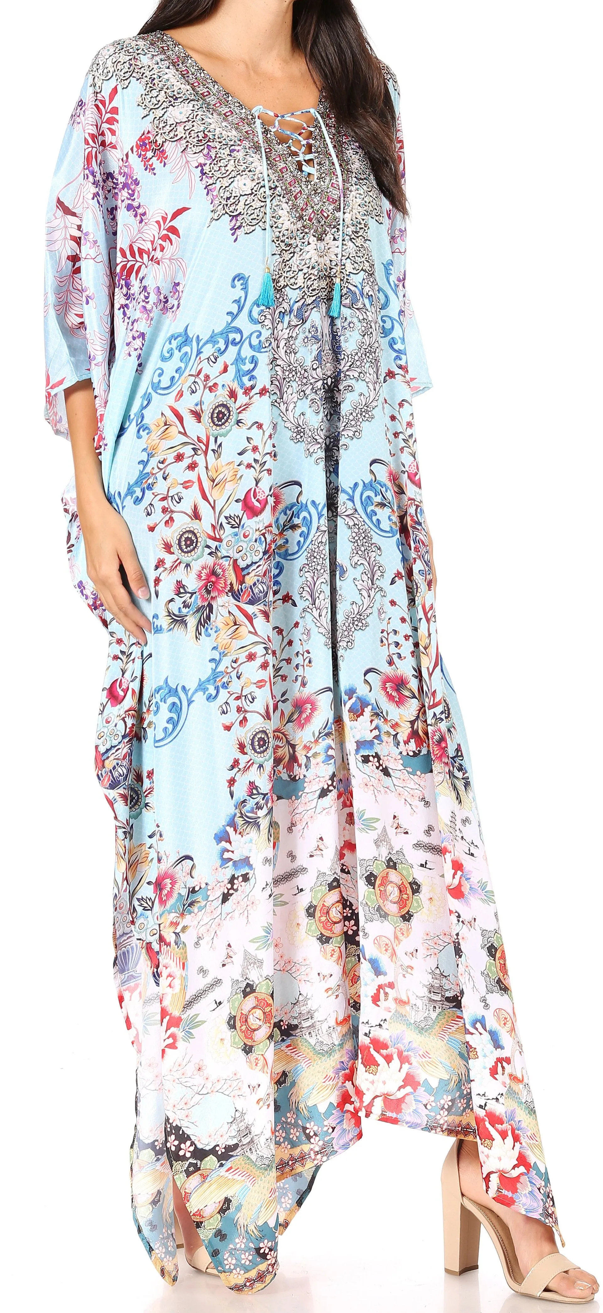 Sakkas Yeni Women's Short Sleeve V-neck Summer Floral Long Caftan Dress Cover-up