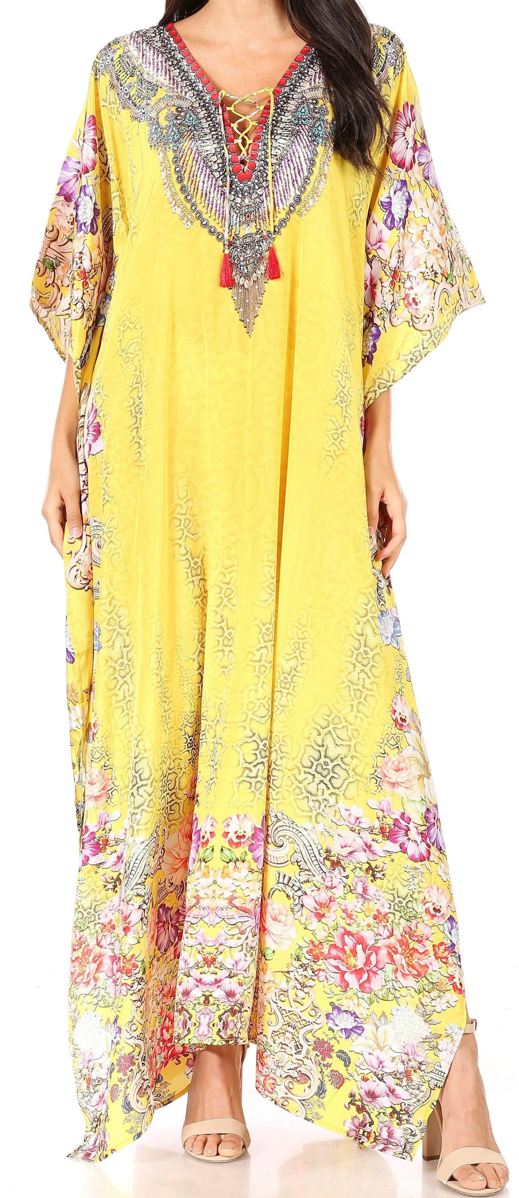 Sakkas Yeni Women's Short Sleeve V-neck Summer Floral Long Caftan Dress Cover-up