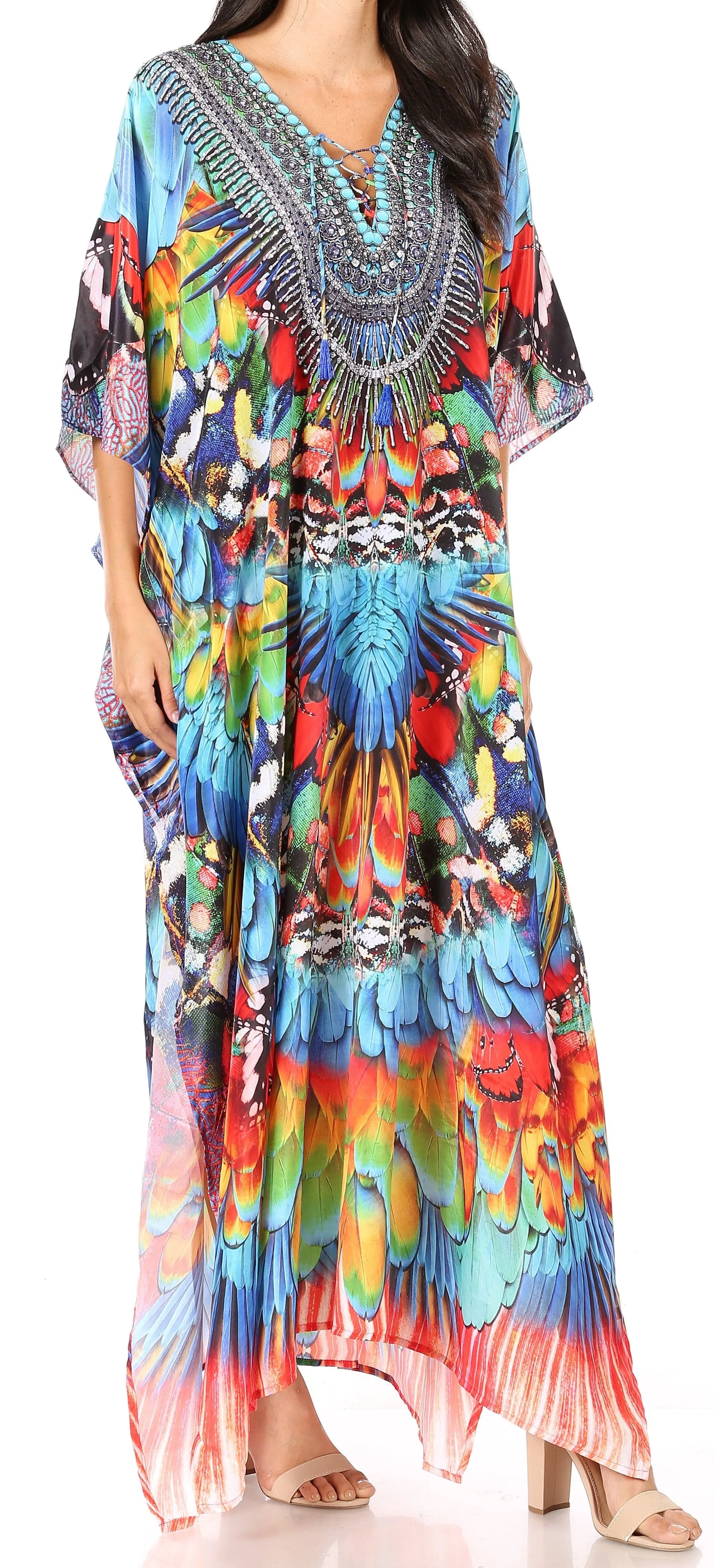 Sakkas Yeni Women's Short Sleeve V-neck Summer Floral Long Caftan Dress Cover-up