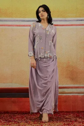 Shimmer Mauve Embellished Italian Silk Jacket & Skirt Set