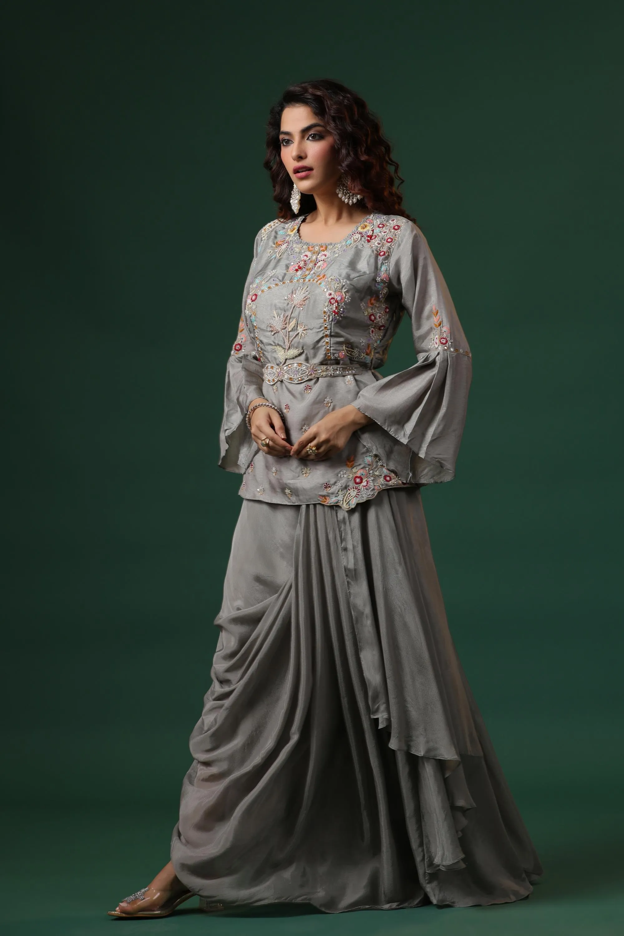 Slate Grey Embroidered Italian Silk Skirt Set