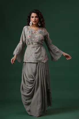 Slate Grey Embroidered Italian Silk Skirt Set