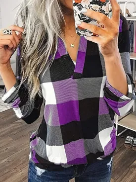 Stylish Plaid Vneck Perfect Everyday Long Sleeve Casual Shirt