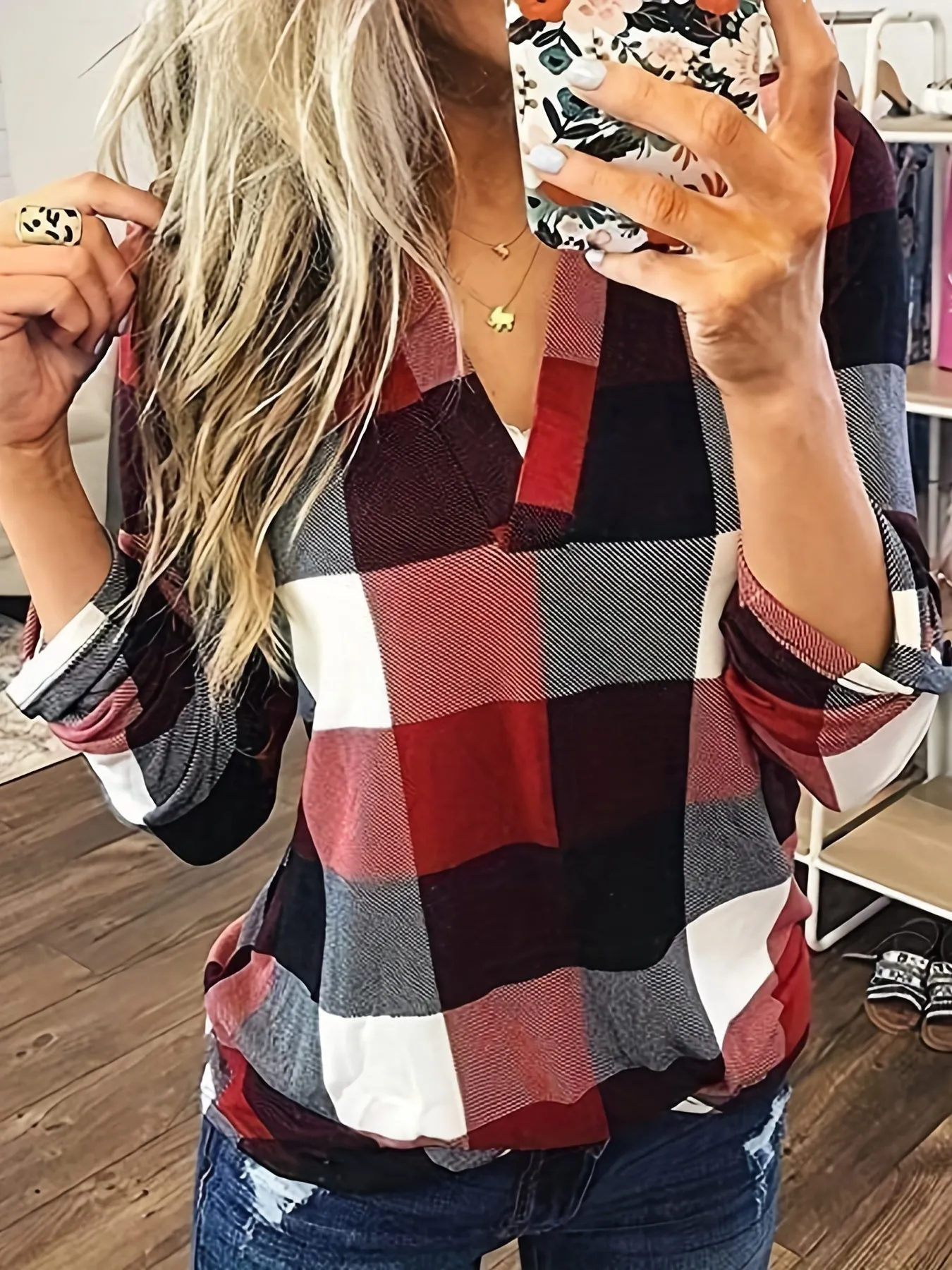 Stylish Plaid Vneck Perfect Everyday Long Sleeve Casual Shirt