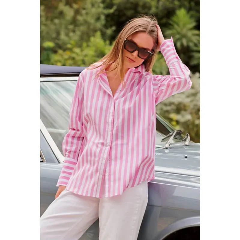 The Elodie Girlfriend Shirt | Pink Wide Stripe