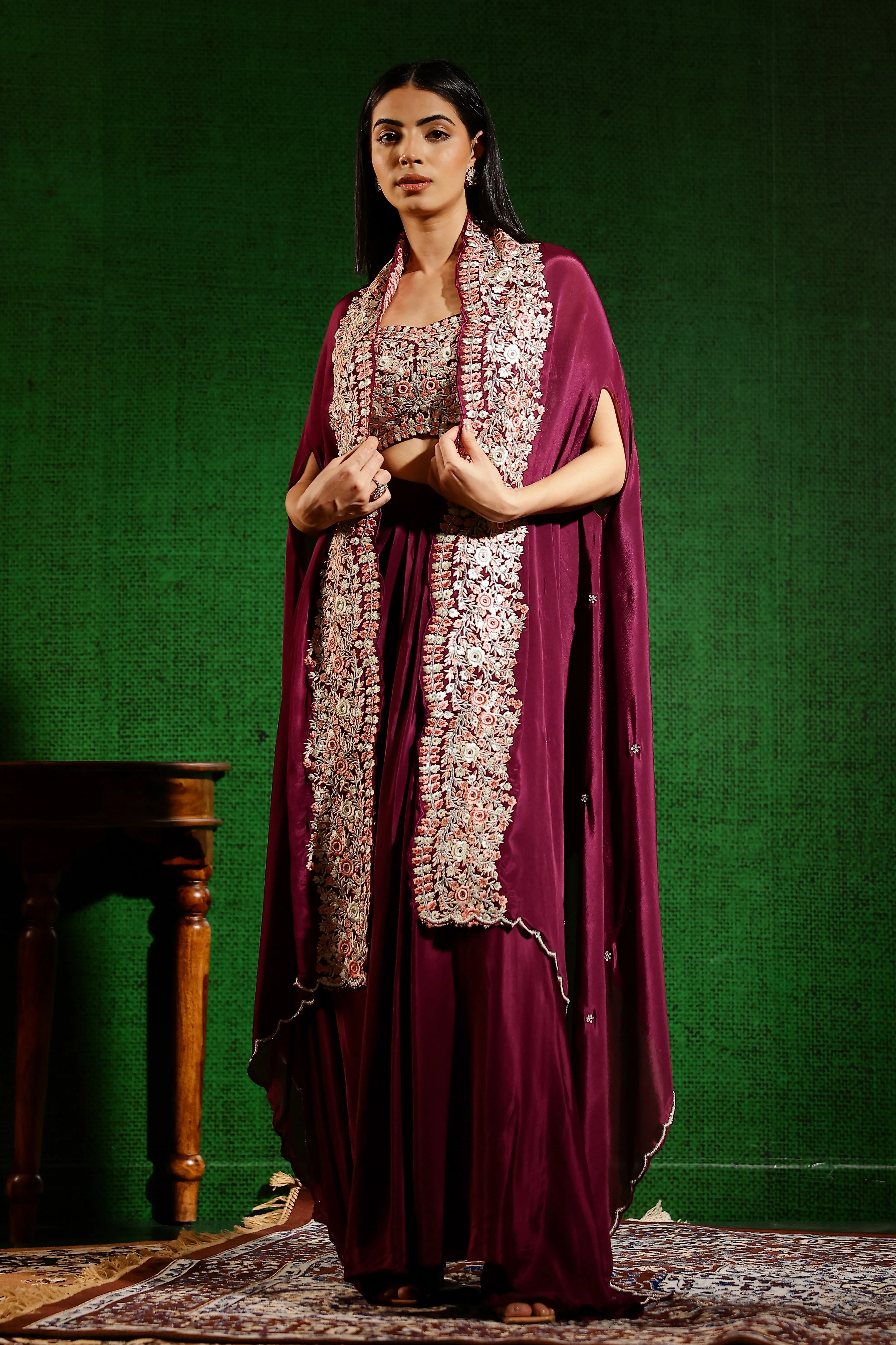 Wine Embroidered Premium Chinon Silk Cape Set