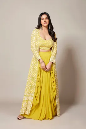 Yellow Embroidered Premium Georgette Silk Cape Set